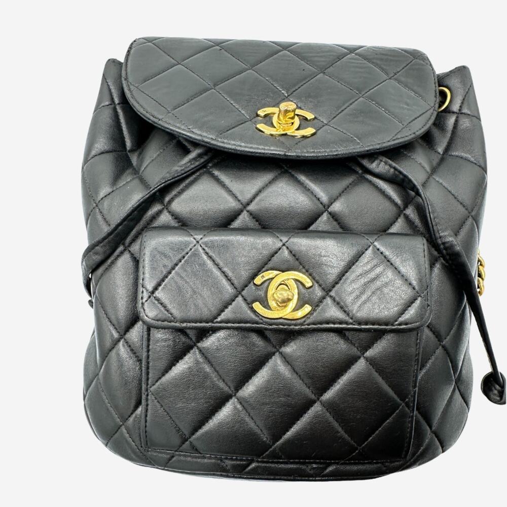 Authentic Chanel Vintage Black Duma Leather Quilted Mini backpack with 24k